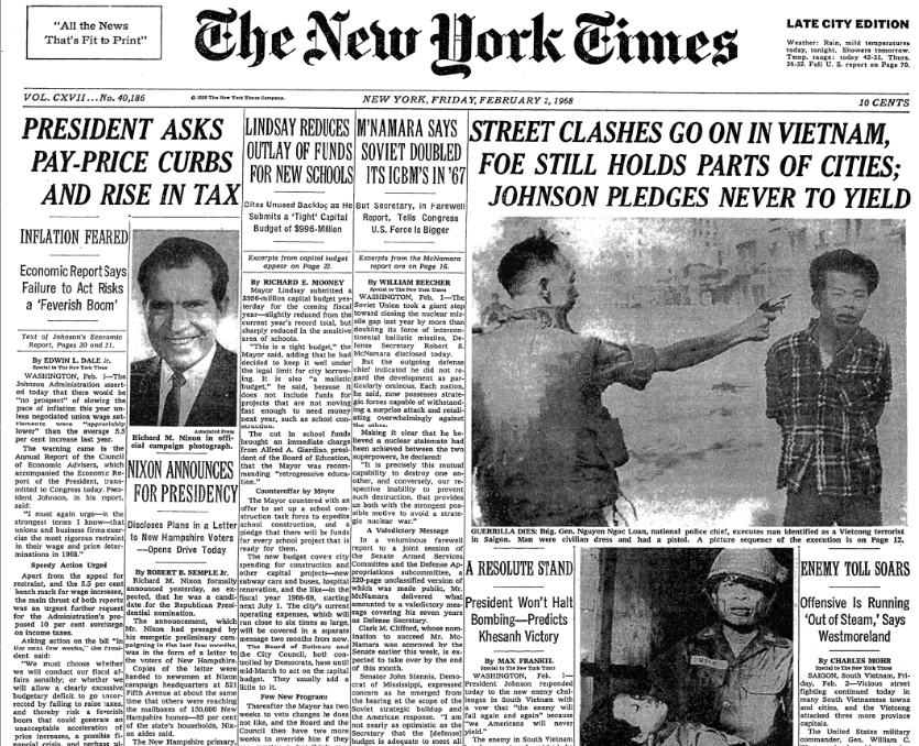 Страница New York Times от 2 февраля 1968 г. с фотографией момента расстрела полицией военнопленного вьетнамца Нгуен Ван Лема. Фотограф Эдди Адамс.